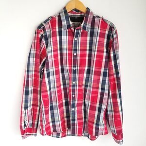 Guess Los Angeles Button Up Shirt Mens L Long Sleeve Shoulder Tab Red Plaid